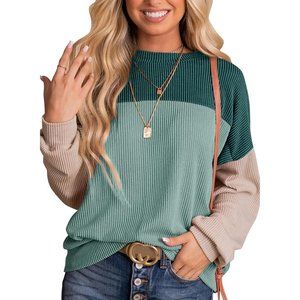 Women's Fashion Color Block Long Sleeve Crewneck Knitted Casual Loose Pullover